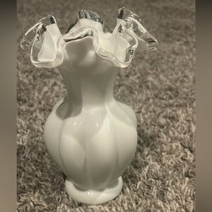 Fenton Silver Crest White Milk Glass Ruffle Scallop Ribbon Vase